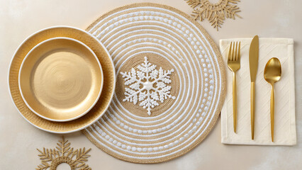 Top view of elegant Christmas table setting with golden charger plates, woven placemat, metallic gold cutlery and snowflake table mat on neutral tablecloth for a sophisticated holiday celebration.
