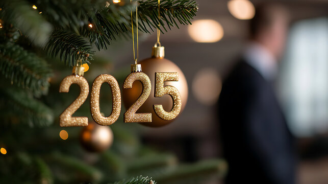 Glimmering '2025' ornaments hang from a verdant evergreen, symbolizing hope for a bright future ahead. The festive decor brings cheer to the professional setting.