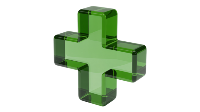 Elegant translucent green plus symbol representing health, wellness, and positive additions, perfect for medical or design concepts