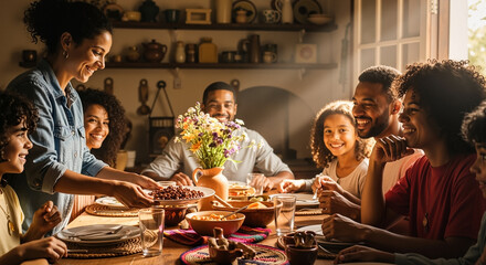 Diverse Family Joyfully Shares a Delicious Traditional Brazilian Feijoada Meal Together Around a Sunlit Table