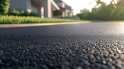 A low-angle shot of a freshly paved asphalt road showcases its texture and smooth surface. A hint of greenery and a building in the soft, out-of-focus background.