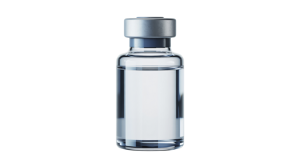Clear glass vial with silver cap holding pristine liquid, symbolizing medical innovation and scientific advancement for health solutions.