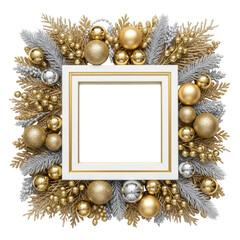 Festive Frame Delight: A luxurious Christmas and New Year arrangement. Golden, silver spheres and branches encircle a pristine square frame, promising festive cheer.