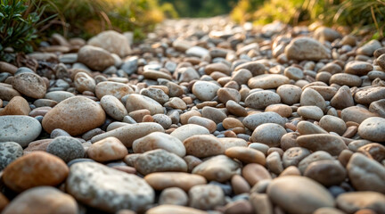 Pebbles scattered along a natural trail in a serene outdoor setting during the golden hour of sunset