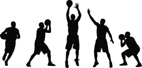 Basketball silhouette, players in action, dribbling, shooting, jumping, blocking, passing, sports movement, black vector, athletic pose, dynamic scene
