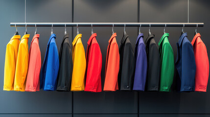 Colorful jackets hanging on rack showcase vibrant array of styles, perfect for fashion enthusiasts seeking variety and flair