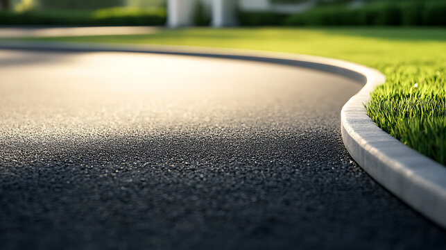 A close-up view shows the texture of asphalt, where the road meets lush, green grass. Sunlight accents the gray curb. Captures neighborhood tranquility.