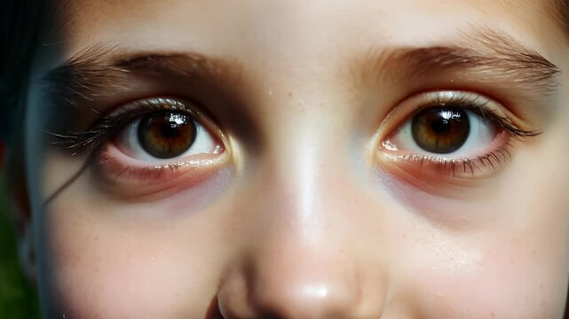 eyes of smiling little girl. closeup of baby eyes with soft lighting shows emotion, beauty, symbolizing vision, soul and emotional connection. Detailed macro view of eyes. sensitivity concept portrait