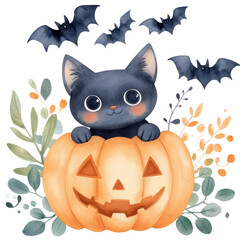 Naklejka premium Spooky Cat: A playful black cat emerges from a carved pumpkin, embraced by autumn foliage and accented by silhouetted bats, crafting a delightful scene for halloween.