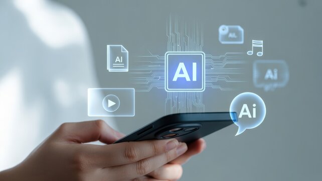 AI technology concept using a smartphone. The image is of a hand holding a phone, with various AI-related icons overlaid