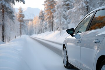 White car on snowy forest road in winter wonderland landscape