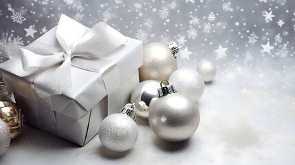 Christmas gift and silver ribbon, ball, bauble and decoration still life on silver surface with snowfall, snowflakes, stars and sparkles.