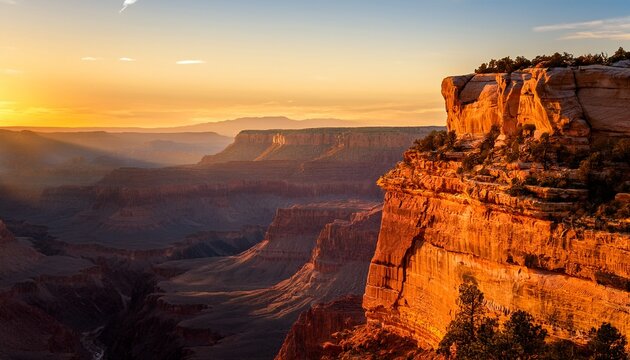 A Glowing Canyon At Golden Hour With Layered Rock Formations Illuminated By Warm Light