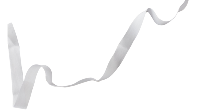 Elegant white satin ribbon waving smoothly in a flowing curved shape, decorative gift wrapping element, isolated on transparent background, PNG.