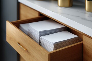 Stacks of white paper in open wooden drawer in modern office setting