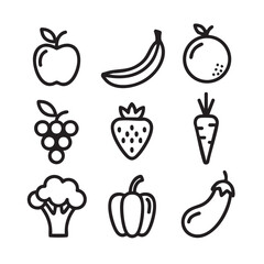 Black and white fruit and vegetables icon set for print