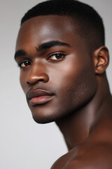 Fototapeta premium Captivating portrait of a handsome man with a sharp fade and radiant skin. His intense gaze adds depth to the image. Clean backdrop and focus on his refined features.