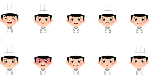 Cartoon chef character, emotional expressions, cooking avatar, culinary emoji, restaurant mascot, kitchen staff, vector illustration, flat design, mood icons, food industry