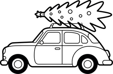 A vintage car is transporting a decorated Christmas tree on its roof rack for the holidays.