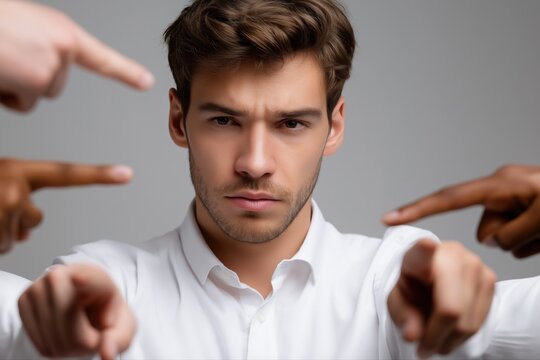 Confident young caucasian male facing multiple challenges and accusations