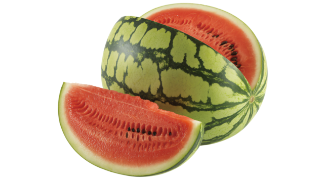 Juicy, ripe watermelon slice and whole fruit showcase vibrant summer freshness and healthy eating appeal for food blogs and recipes