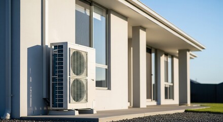 Heat pump unit beside a modern family home wall, clean composition with sunlight