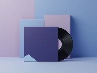 Obraz premium Vinyl record leaning on its cover in a minimalist pastel setting