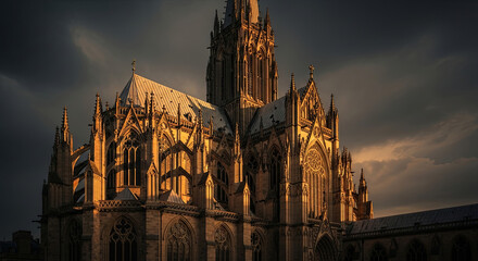 Fototapeta premium Majestic Gothic Cathedral Illuminated by Golden Hour Light Under Dramatic Stormy Sky