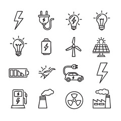 Black and white line art of alternative energy and pollution sources