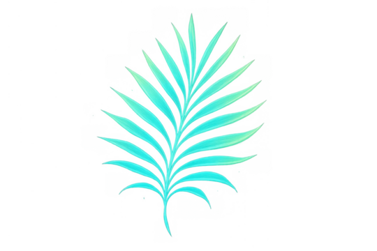 Palm frond glowing in iridescent cyan and green, tropical plant leaf for summer and exotic designs