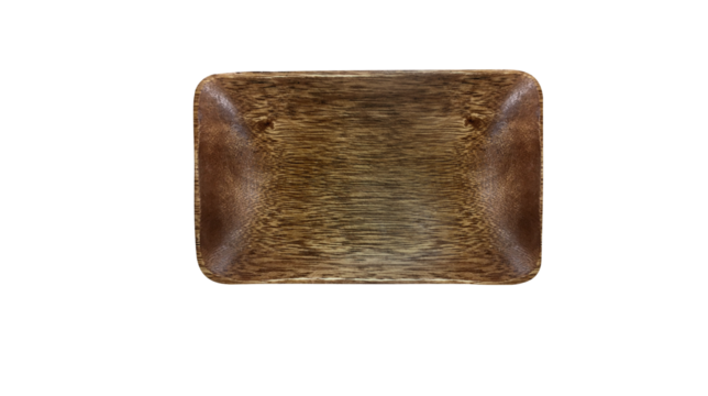 Top view of rectangular wooden tray made from natural wood texture, rustic kitchen serving plate or tableware, isolated on transparent background, PNG.