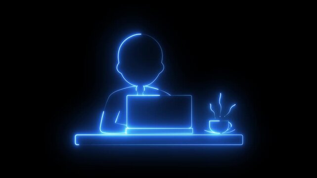 Neon businessman working with computer icon representing modern digital work and corporate technology. Businessman working icon in the computer. Office worker sitting at desk and working on computer.
