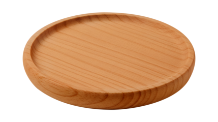Round wooden serving plate made from natural polished wood, minimalist kitchenware design for food presentation or table setting, isolated on transparent background, PNG.