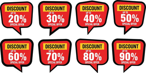 Collection of red discount offer speech bubbles with percentages from 20% to 90%