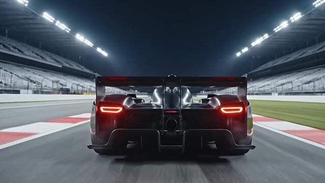 Rear view of a prototype race car speeding down an illuminated track at night