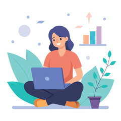 Young business woman working on laptop in office cartoon vector illustration