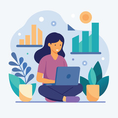 Business woman working on laptop in office cartoon vector illustration
