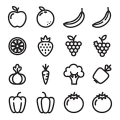 Black line art fruit and vegetable icons seamless background pattern