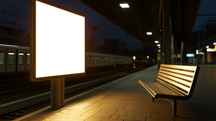 An empty train station platform at night, featuring a blank illuminated sign, a bench, and a blurred train in the background. The golden hues of the lights create a moody atmosphere.