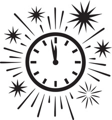 Black silhouette of a clock face with starbursts for New Year's Eve celebration time midnight