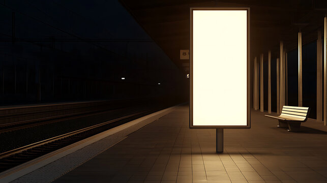 Illuminated billboard at a dimly lit train station platform, contrasting darkness with light. Bench provides seating, tracks leading into the shadows, evoking feelings of anticipation.
