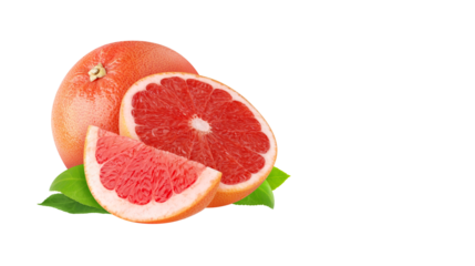 Fresh grapefruit with sliced halves and green leaves, juicy citrus fruit rich in vitamin C and antioxidants, isolated on transparent background, PNG.