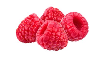 lose-up of fresh ripe raspberries with vibrant red color, juicy organic fruit rich in antioxidants and vitamins, isolated on transparent background, PNG.