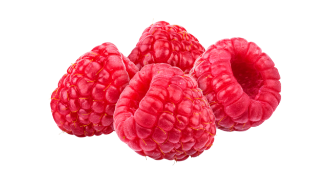 lose-up of fresh ripe raspberries with vibrant red color, juicy organic fruit rich in antioxidants and vitamins, isolated on transparent background, PNG.