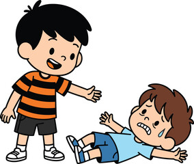 Cartoon children showing kindness, helping friend in need, empathy moment, emotional support, friendship gesture, vector illustration, flat design, caring kids, social values, educational concept