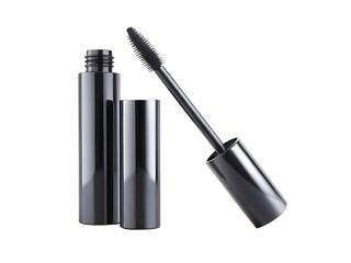 Obraz premium Black Mascara Tube and Wand with Cap on White Background makeup cosmetic isolated on a transparent background