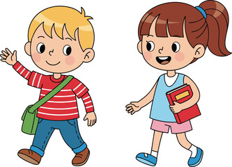 Cartoon children walking with book and bag, cheerful expressions, educational theme, casual outfits, flat vector illustration, cad drawing style, character set