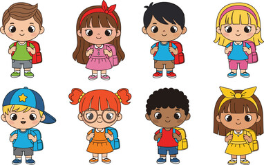 Cartoon children, diverse kids, school backpack, happy students, colorful outfits, standing pose, education concept, playful illustration, vector art, multicultural group