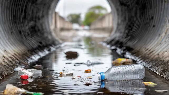 A close-up view inside a large, dirty drainage culvert filled with polluted water and discarded plastic waste, highlighting environmental damage.
