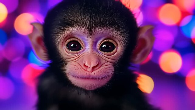 Infant Monkey with Playful Gaze set against a Vivid Bokeh Backdrop